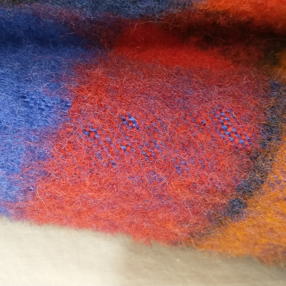 Vintage Bright Wool Wrap Jacket Plaid Blanket Coat Hooded Pockets Fringe Edge - Picture 12 of 16